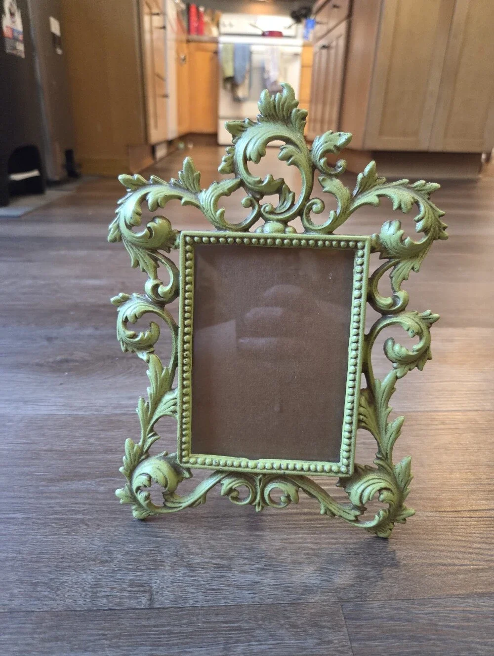 Vintage Art Noveau Cast Iron Ornate Green Picture Frame with Easel Back